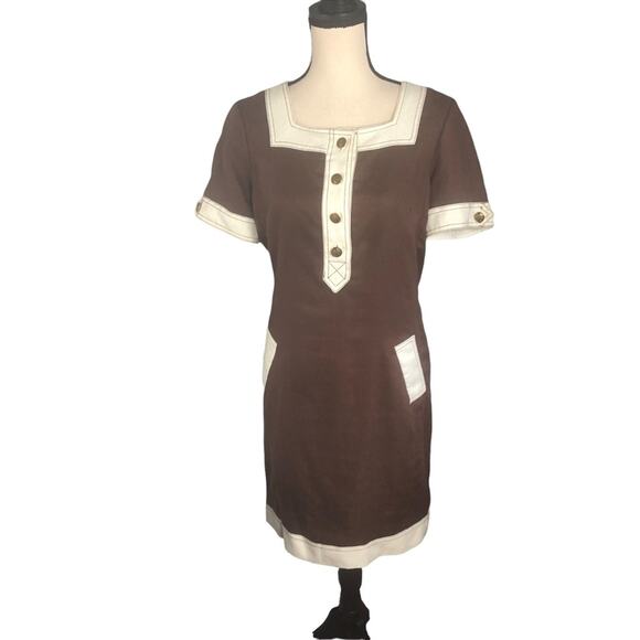 Morgan Mcfeeters brown/white linen dress 8 - Picture 1 of 9